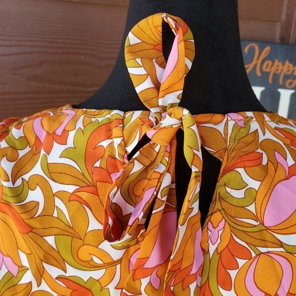 NWT Willow Root Floral Orange Midi Cutout Dress Size Large 9/10 - Picture 12 of 16